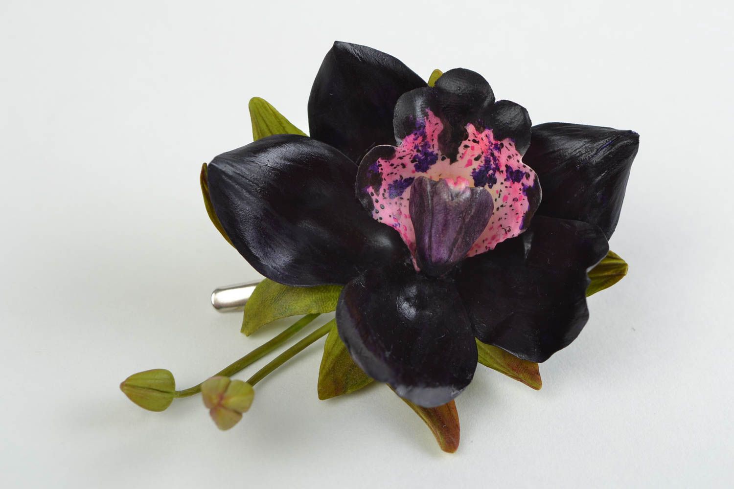 Unusual design handmade cold porcelain flower brooch hair clip Black Orchid photo 1