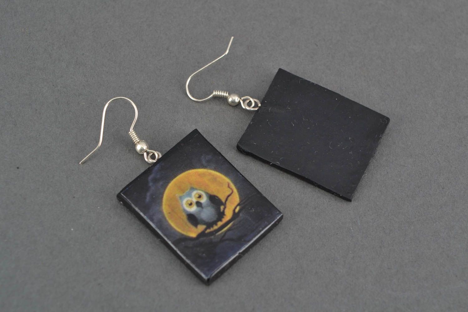 Polymer clay earrings with dark owls photo 4