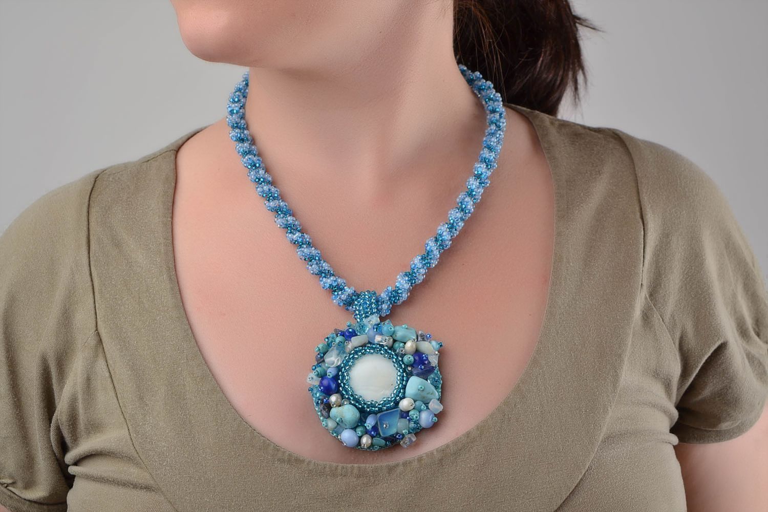 Unusual handmade designer blue beaded necklace with natural stones photo 1