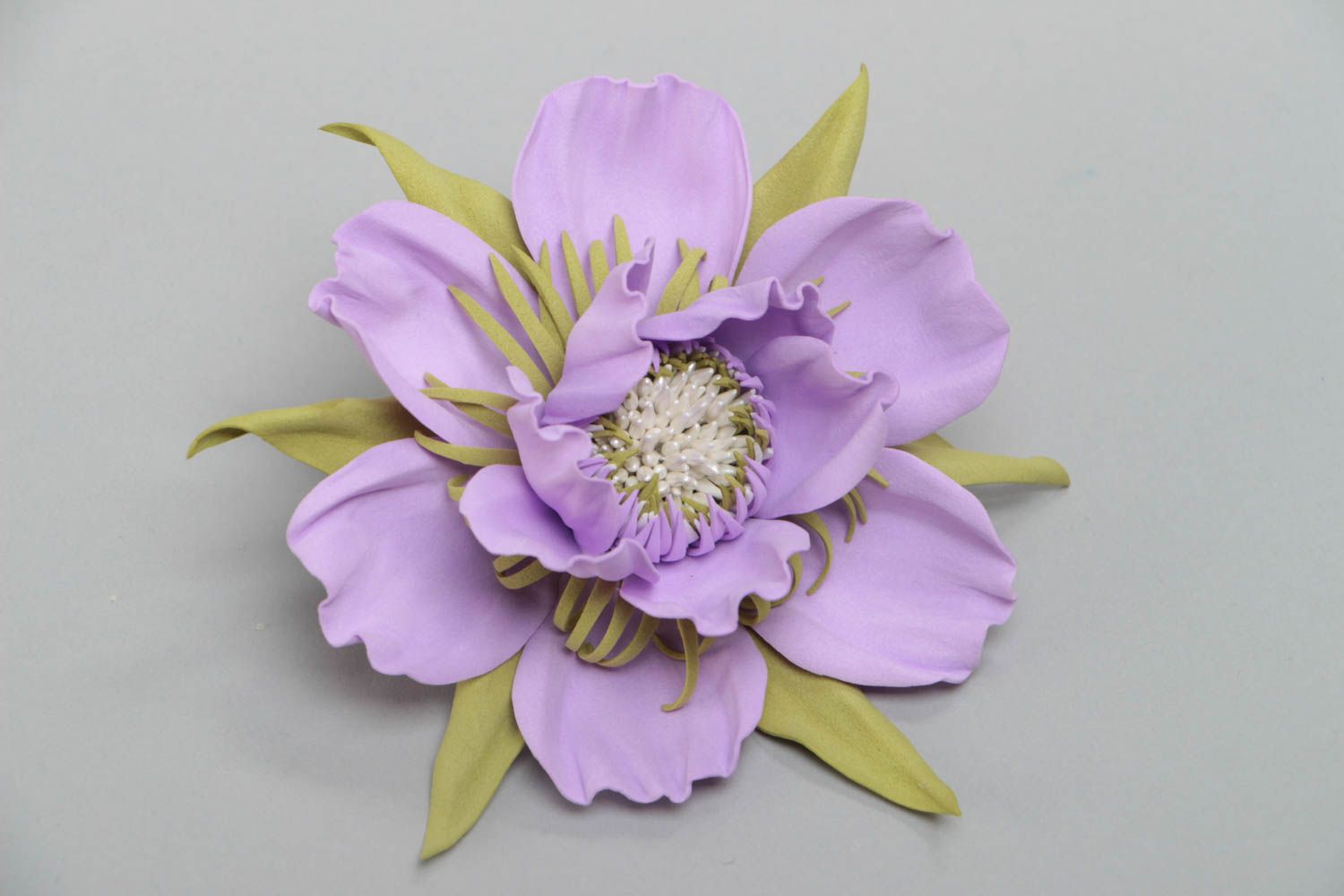 Handmade decorative hair clip with volume large tender violet foamiran flower photo 2