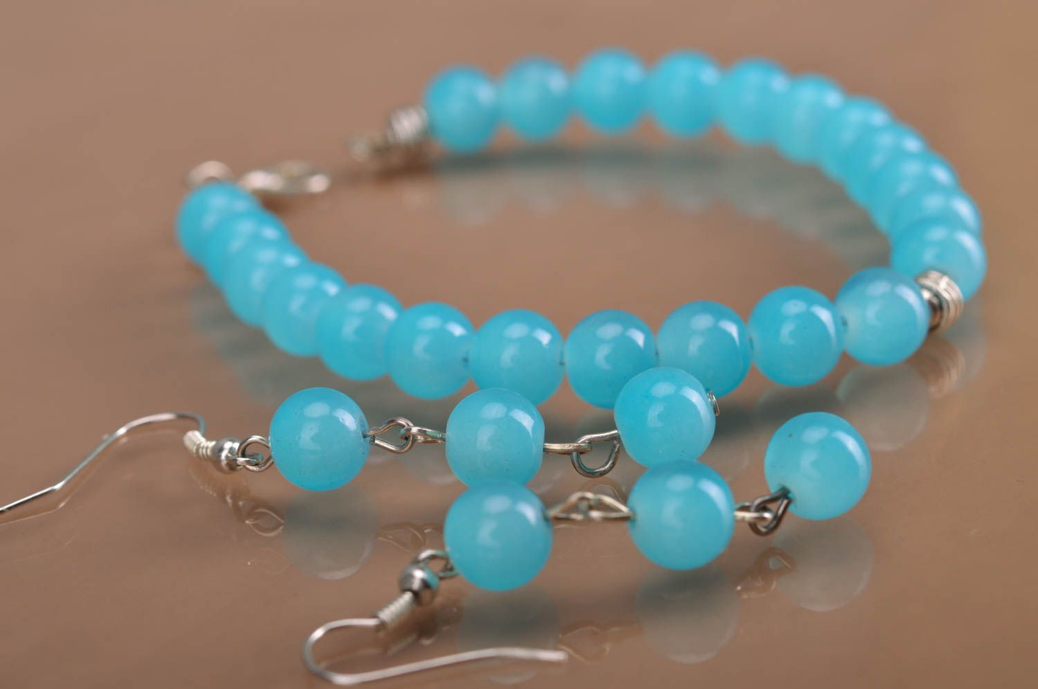 Handmade designer blue beaded jewelry set wrist bracelet and dangle earrings photo 7