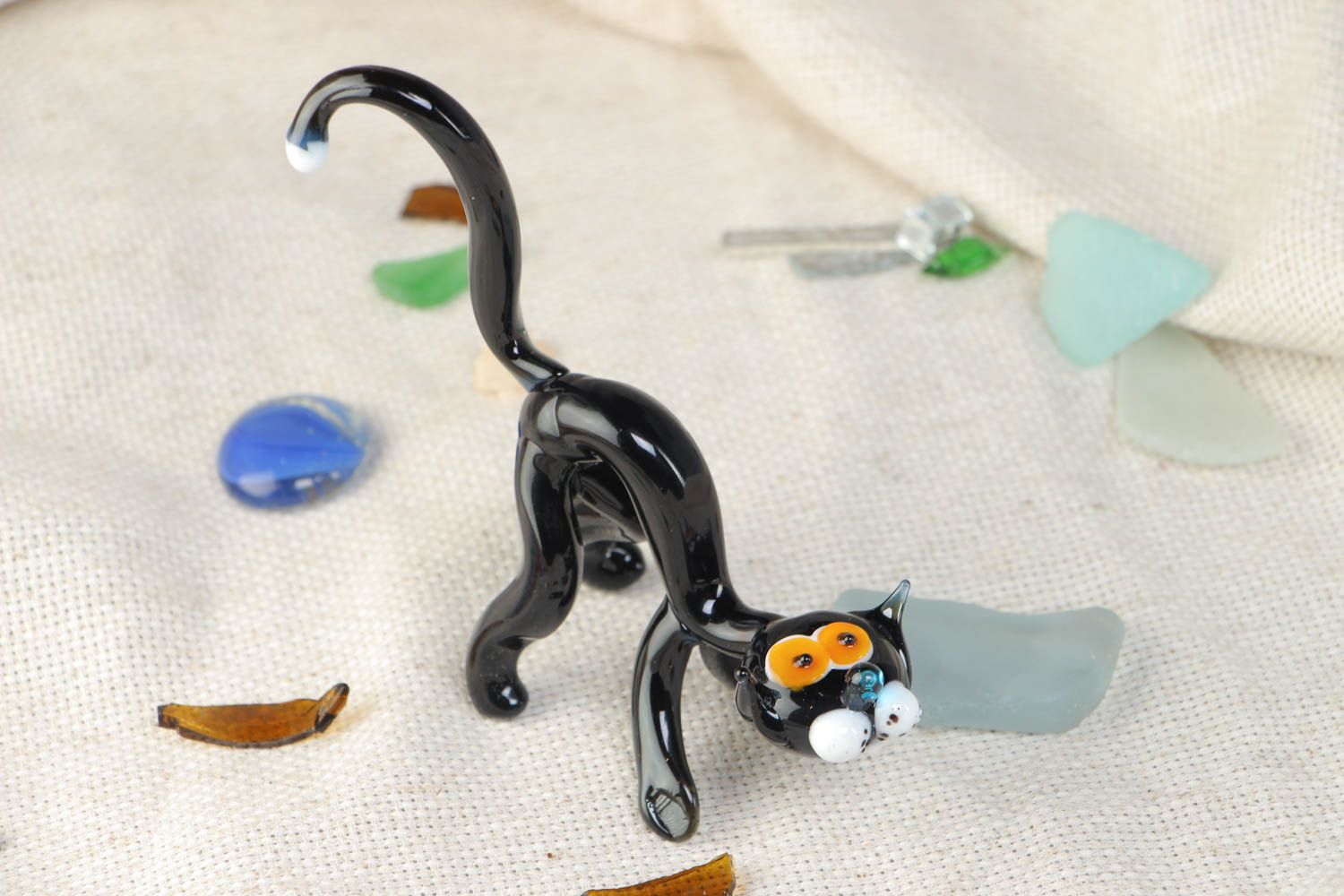 Handmade miniature collectible lampwork glass animal figurine of black cat photo 1