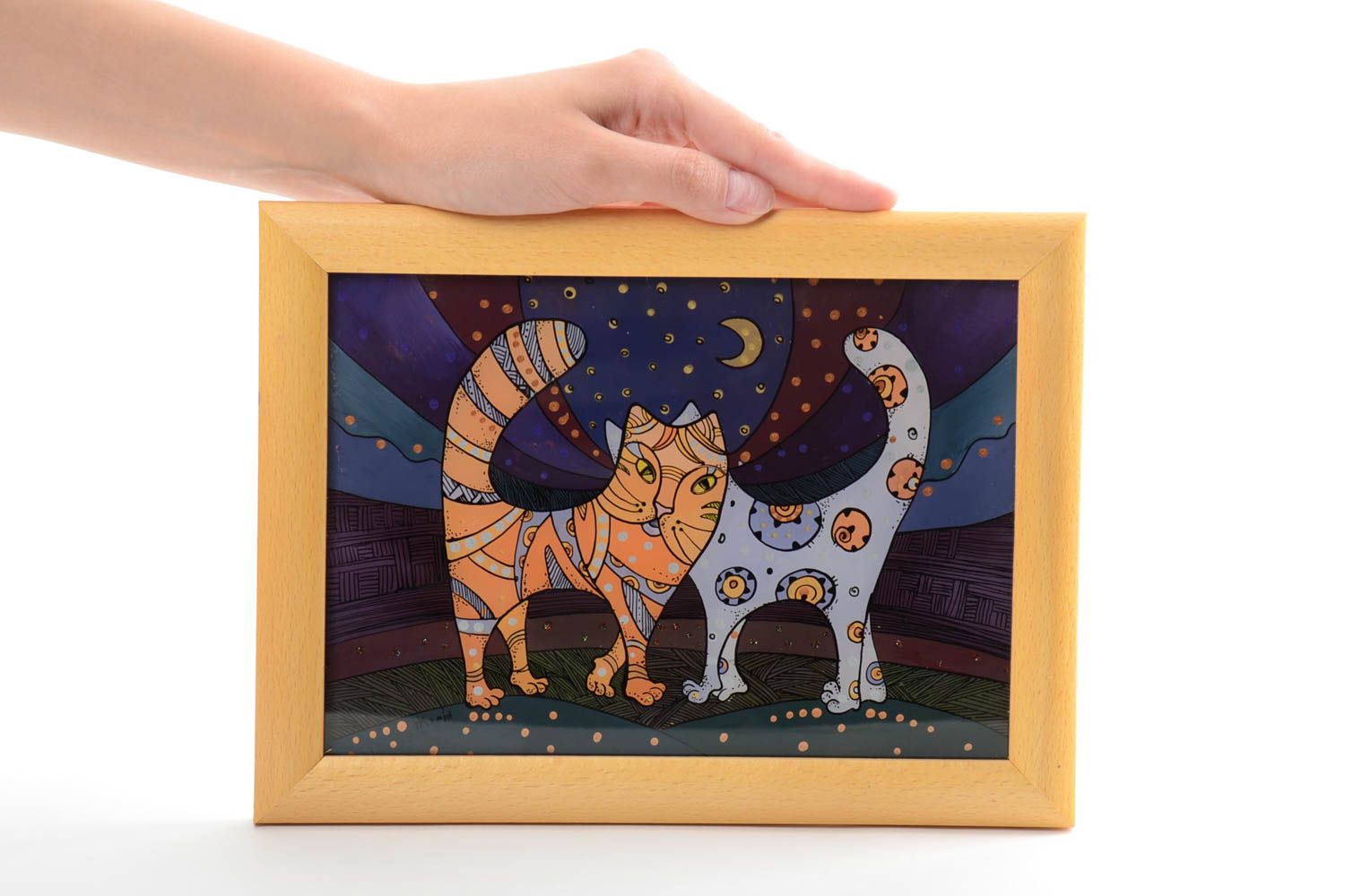 Картина масляными красками в деревянной раме с котами небольшая ручной работы фото 5