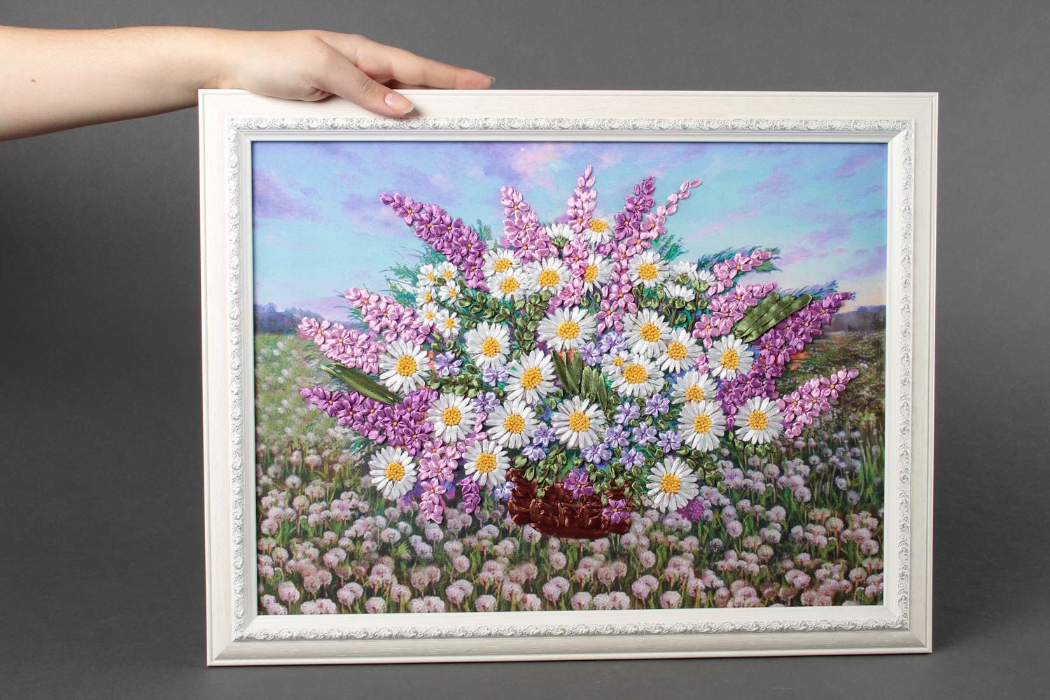 Handgefertigtes Blumen Bild Gemälde modern gesticktes Bild Deko Idee originell foto 1