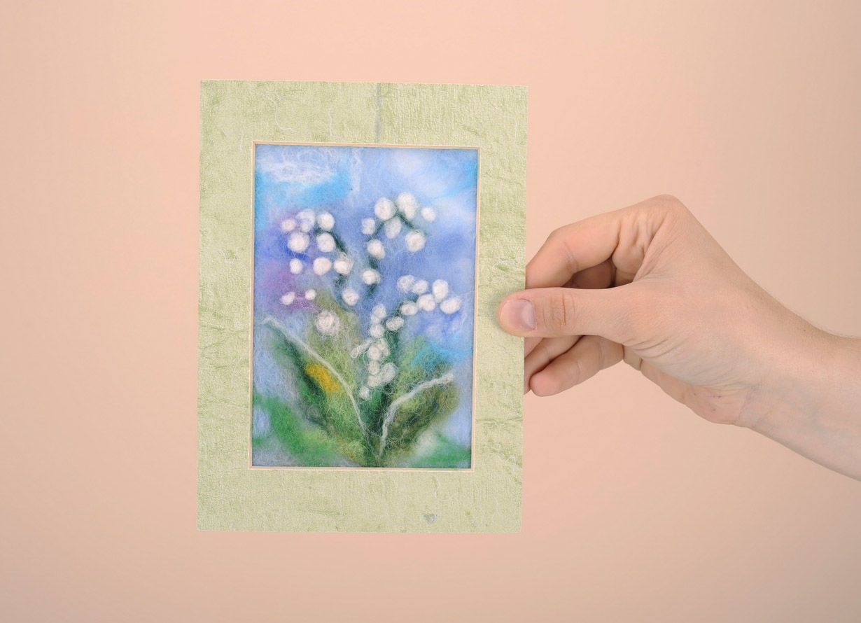 Greeting card made using felting technique Lilies of the valley photo 2