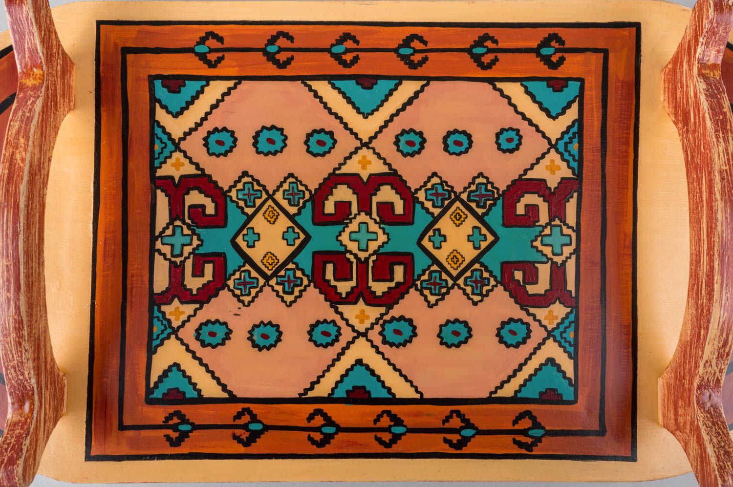 Деревянный поднос с росписью красками декоративный ручной работы в этно стиле фото 3