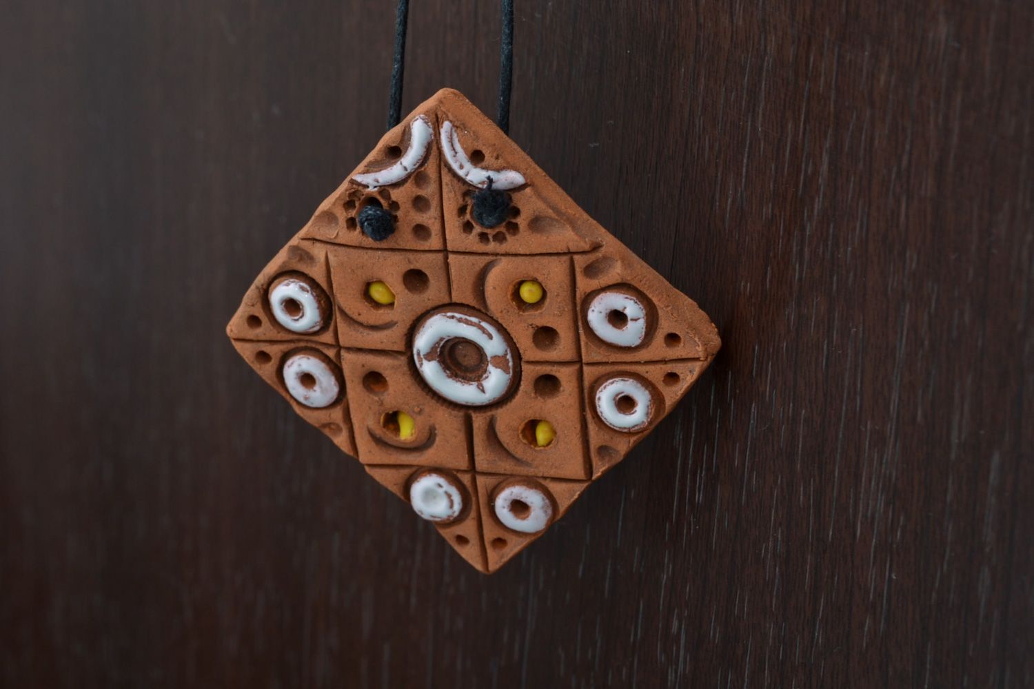 Handmade ceramic pendant of square shape with painting in ethnic style for women photo 1