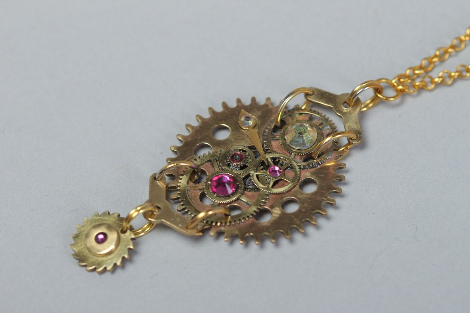 Handmade steampunk round metal pendant with clock details stones and rhinestones photo 2