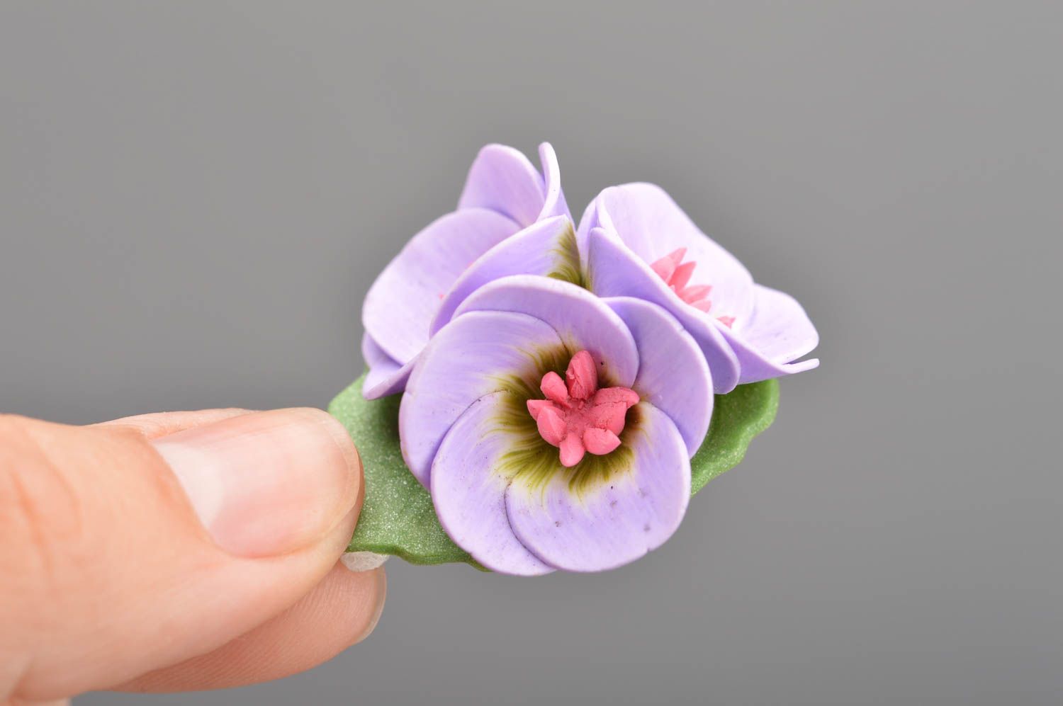 Unusual beautiful handmade designer lilac polymer clay flower brooch photo 2