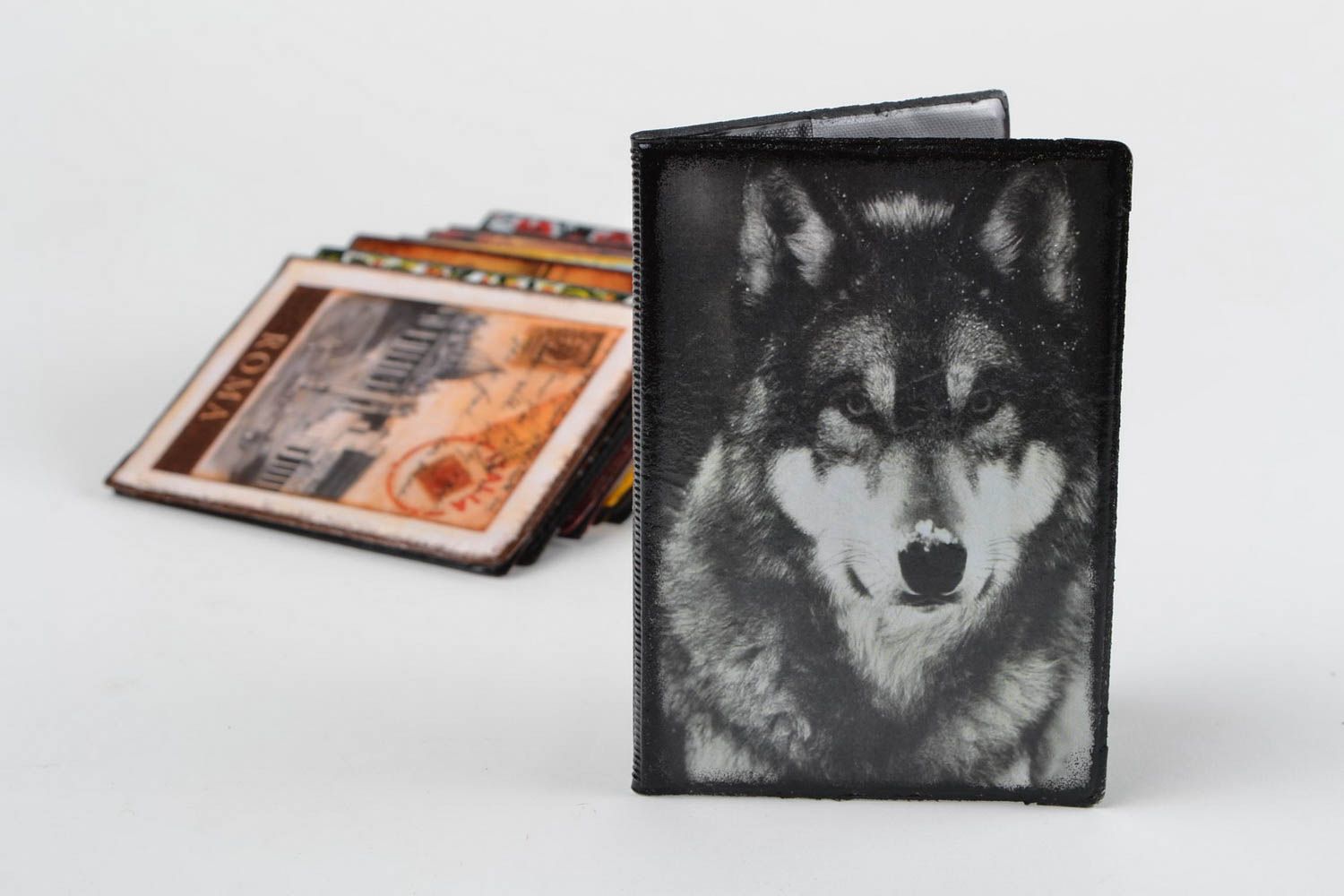 Handmade stylish faux leather passport cover with decoupage image of gray wolf photo 1