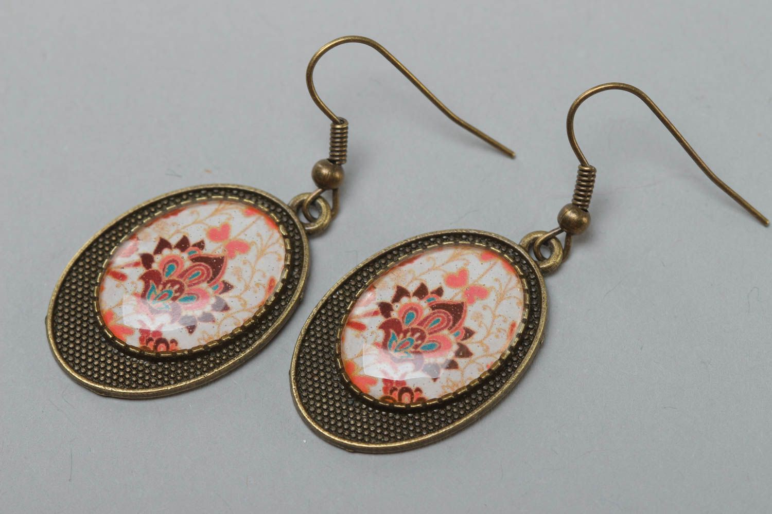 Handmade long oval glass glaze earrings in vintage style photo 2