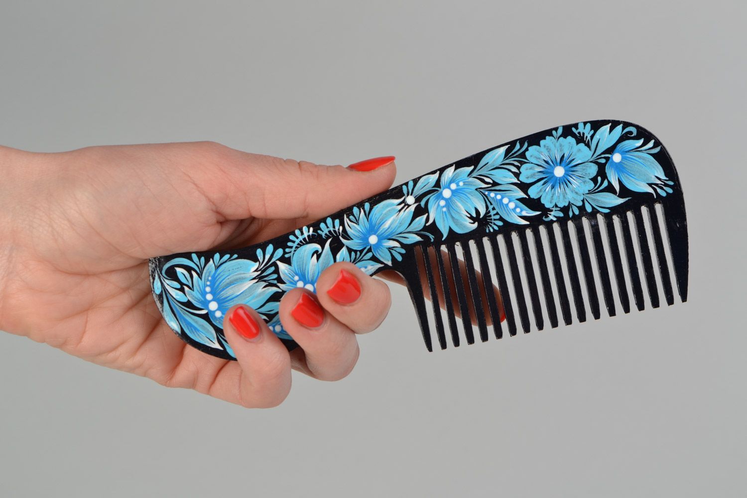 Handmade wooden hair comb with Petrikov painting black with flowers Vinca photo 2