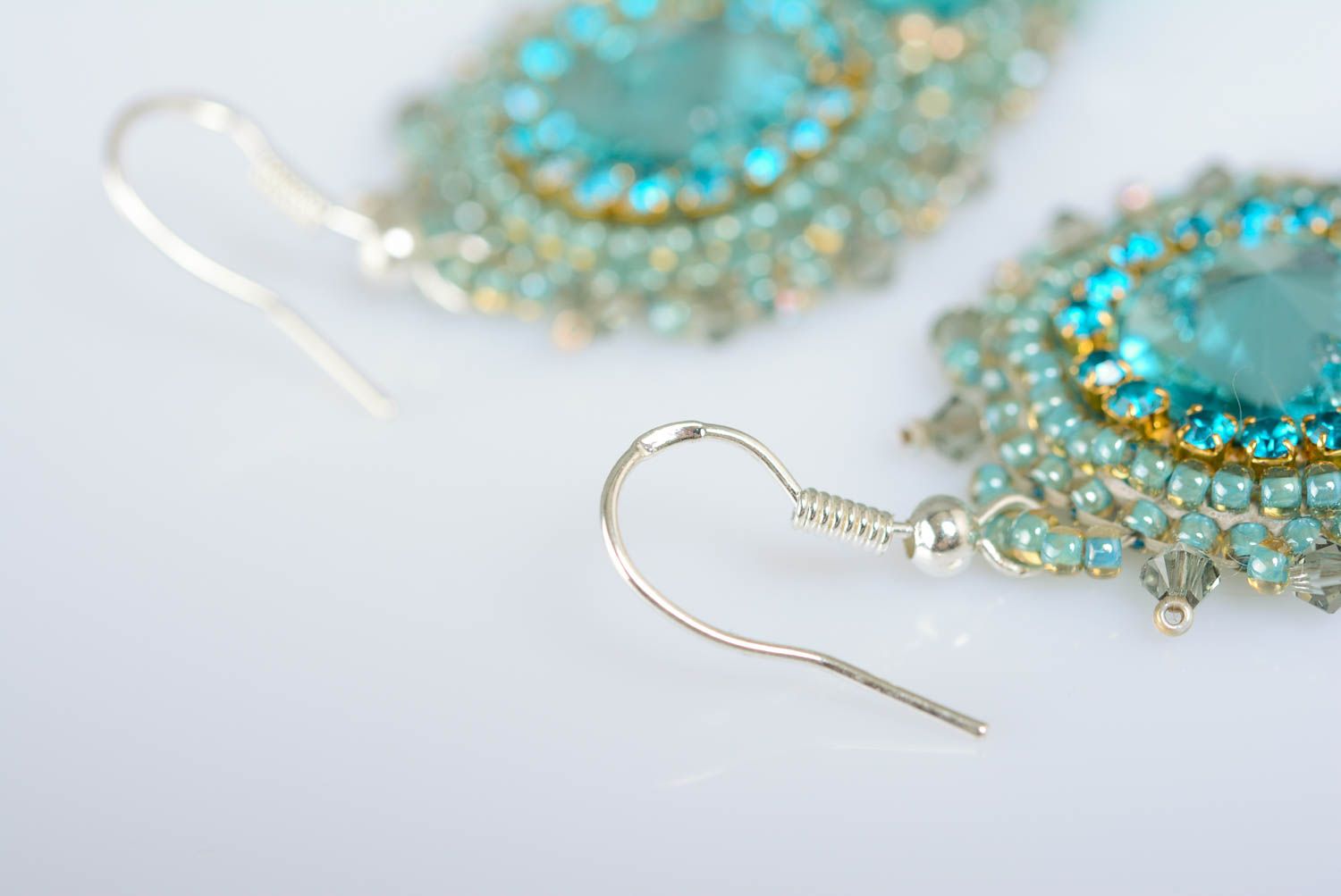 Handmade designer festive blue bead embroidered earrings with rhinestones photo 5