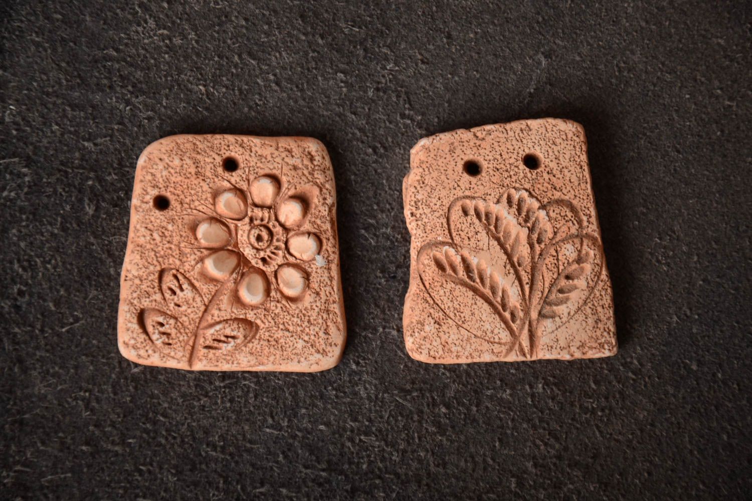 Set of 2 handmade flat ceramic pendants for jewelry making with floral patterns photo 1