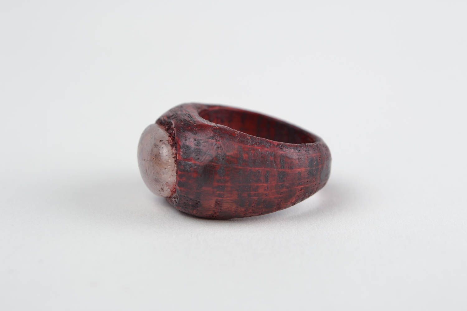 Handmade designer carved wooden red jewelry ring with natural stone for women photo 4