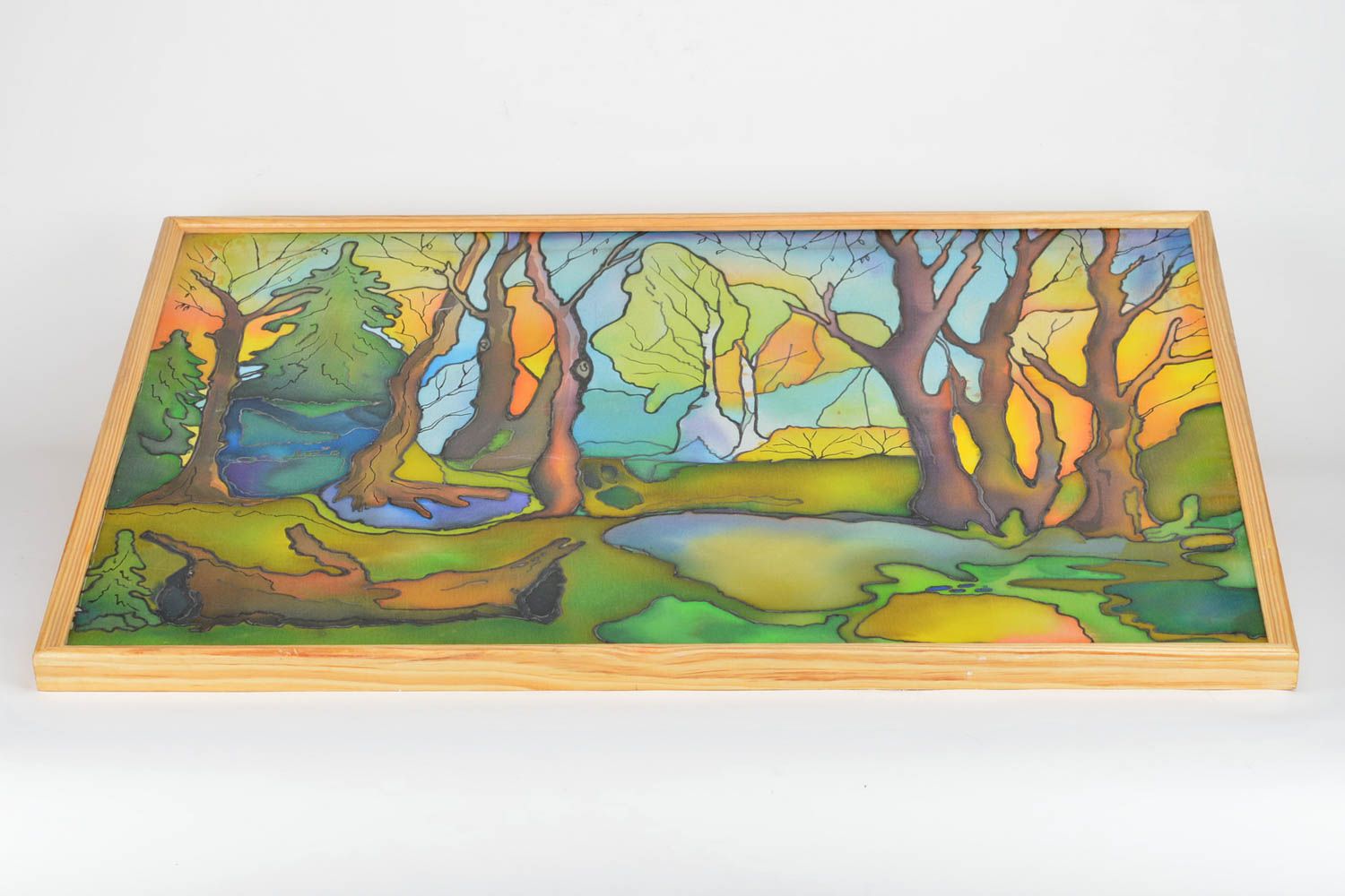 Картина в технике холодный батик тканевая ручной работы авторская Озеро в лесу фото 2