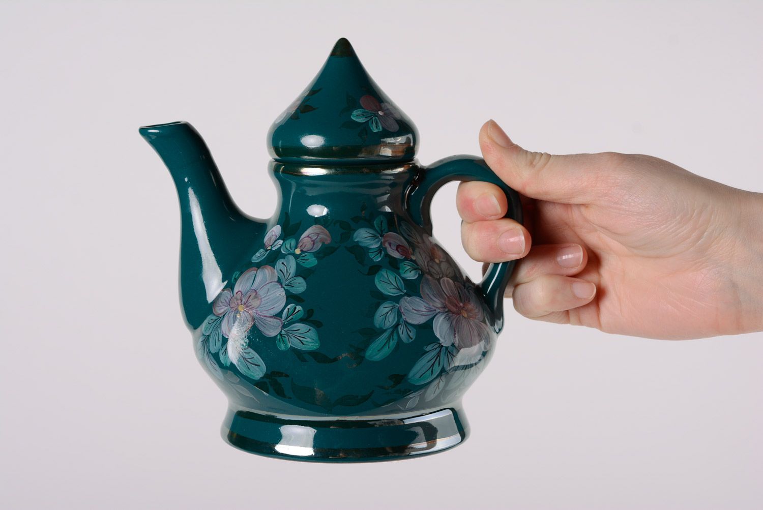 Service à thé en céramique fait main 2 tasses et théière couleur verte photo 3