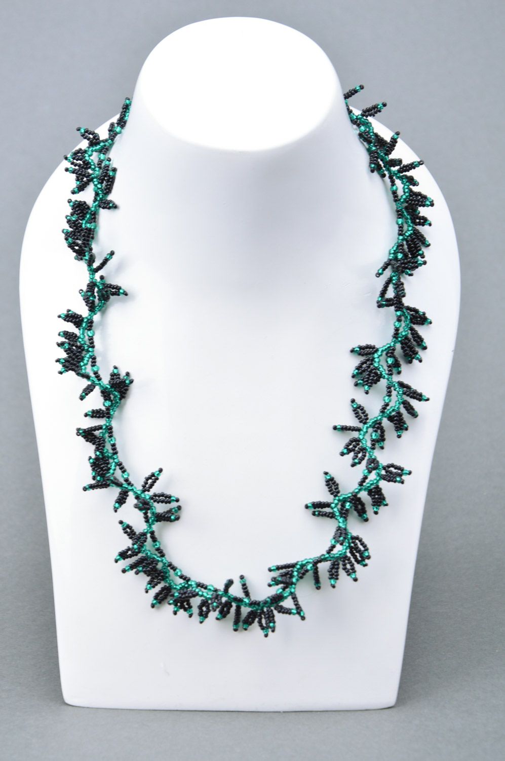Handmade necklace woven of black and green Czech beads Leaves for women photo 1