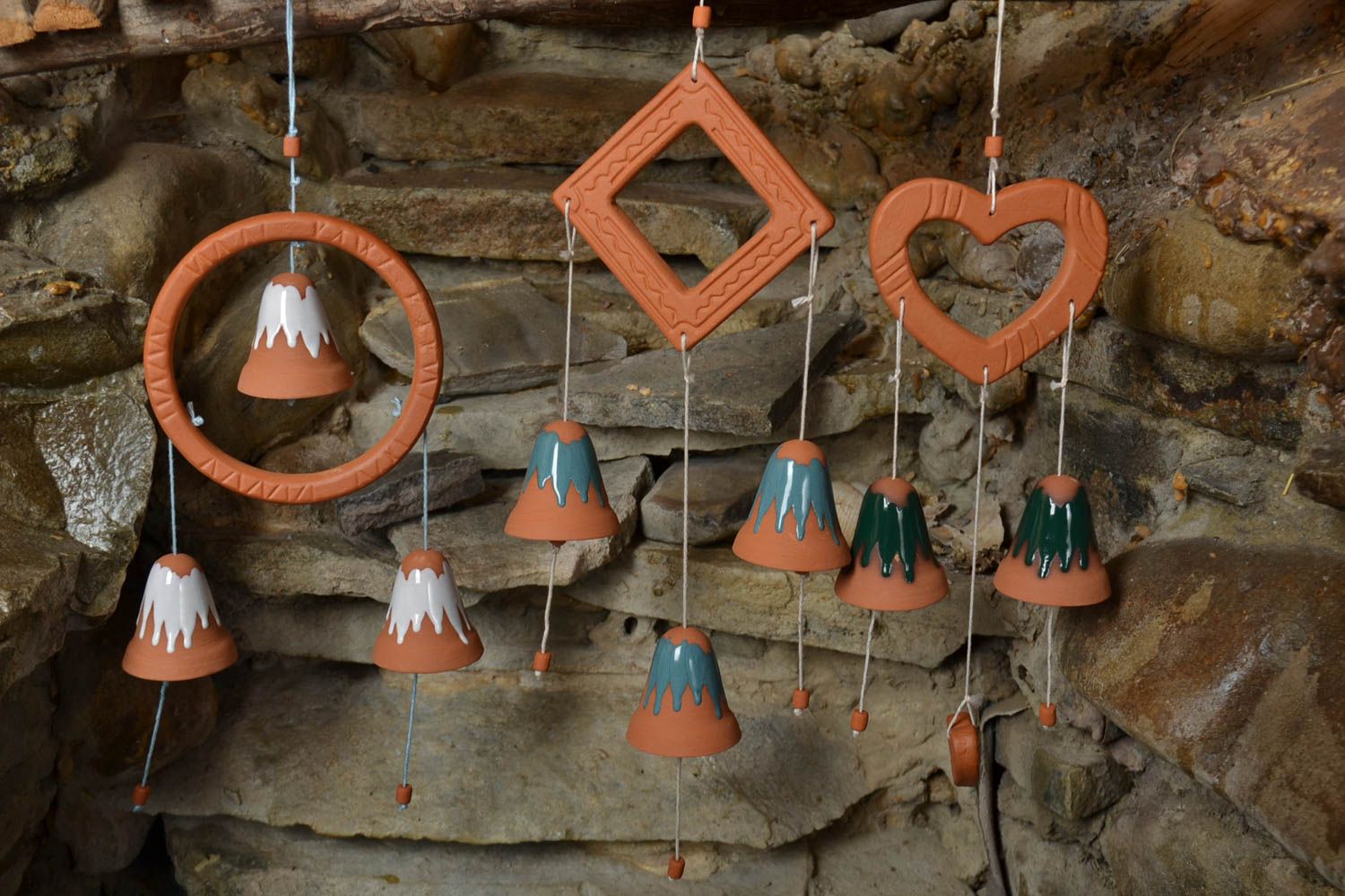 Set of 3 handmade decorative designer ceramic bells painted with engobes photo 1