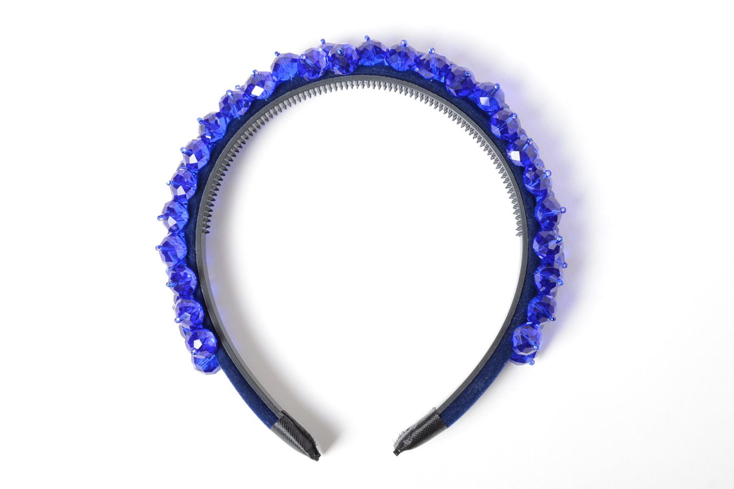 Festive blue handmade velvet headband with faceted beads for dark-haired girls photo 5