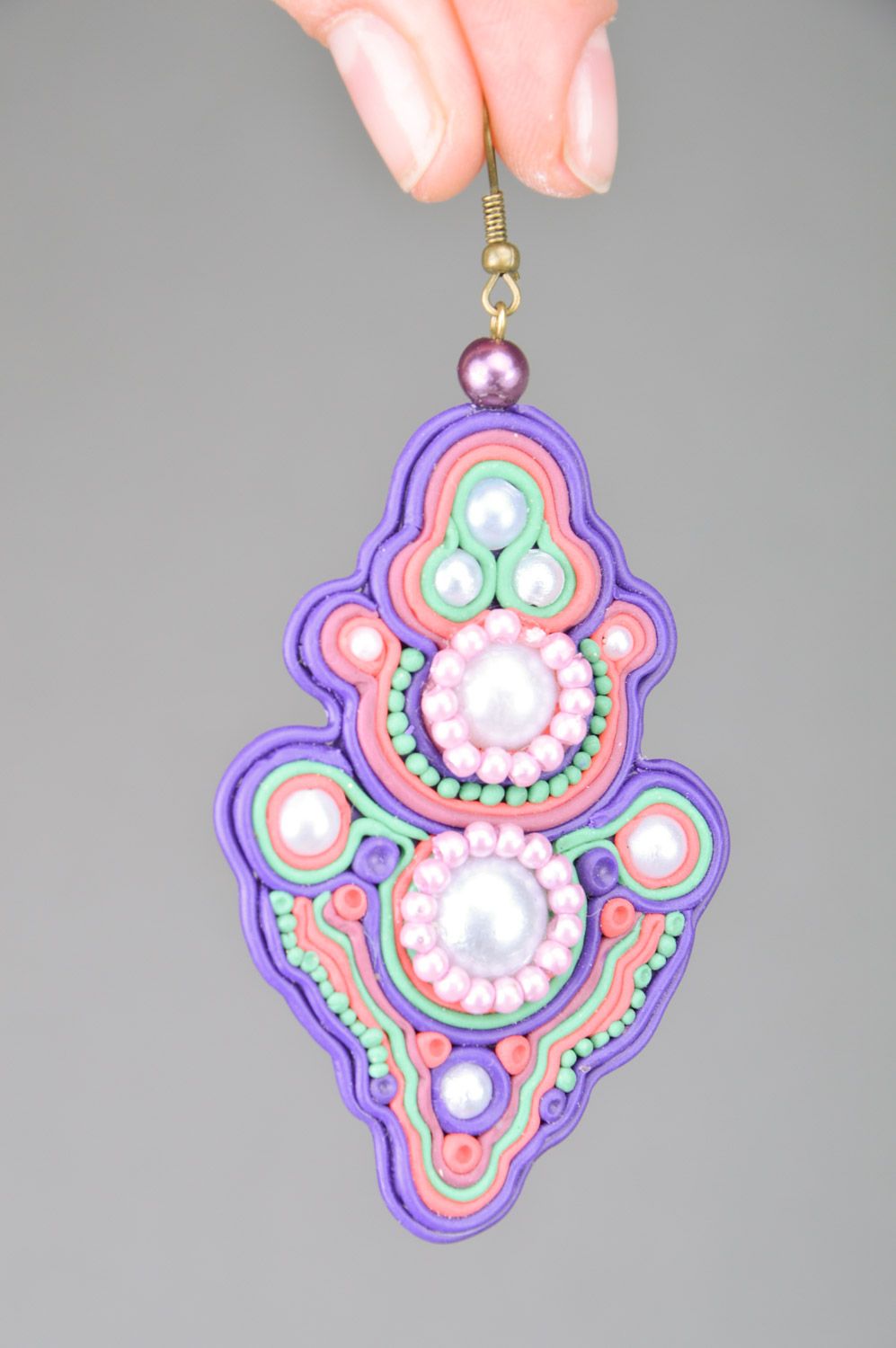 Beautiful bright massive handmade polymer clay earrings in soutache style photo 3