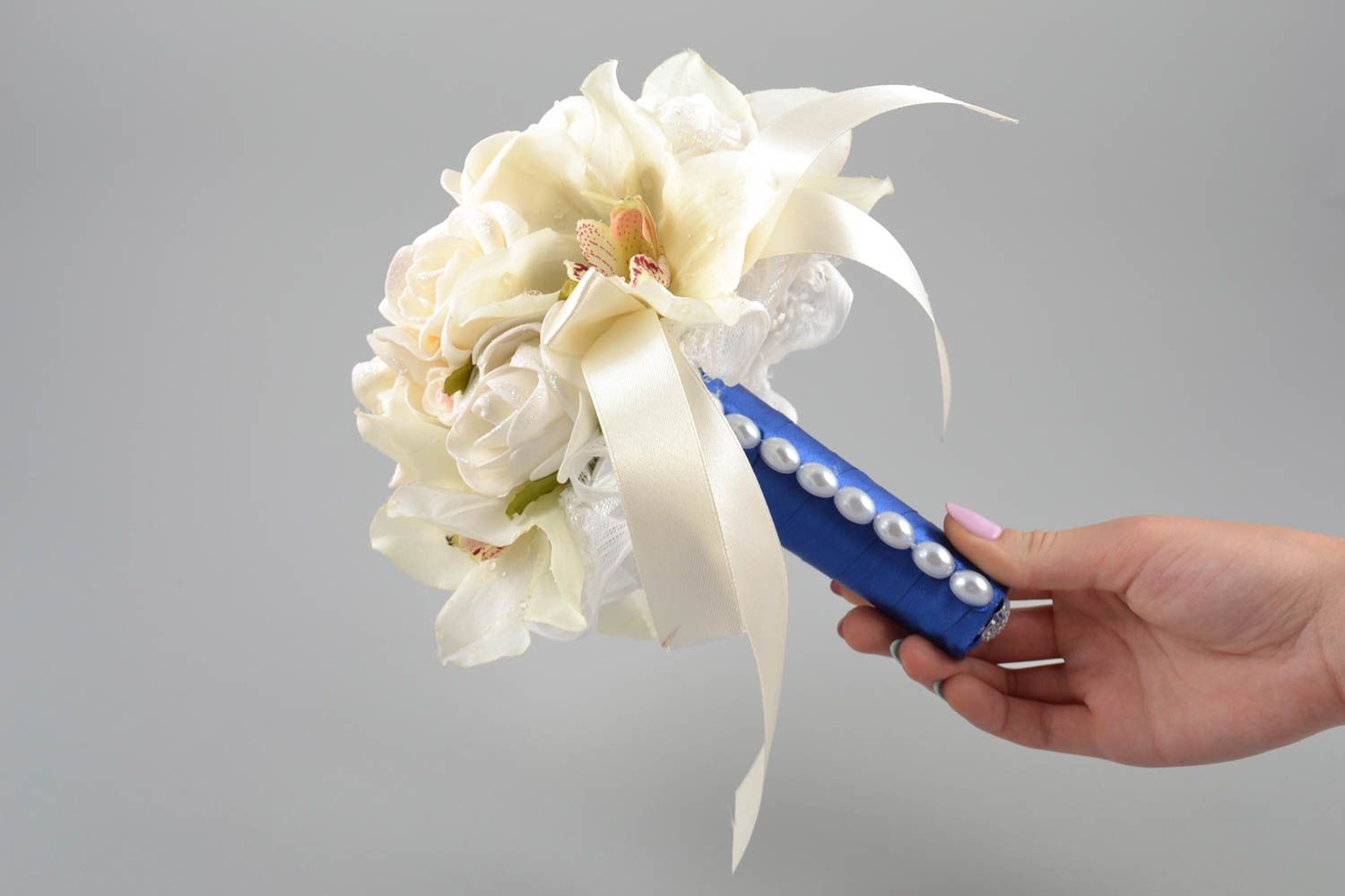 Handmade cute white wedding bouquet made of foamiran on blue stem with ribbons photo 5
