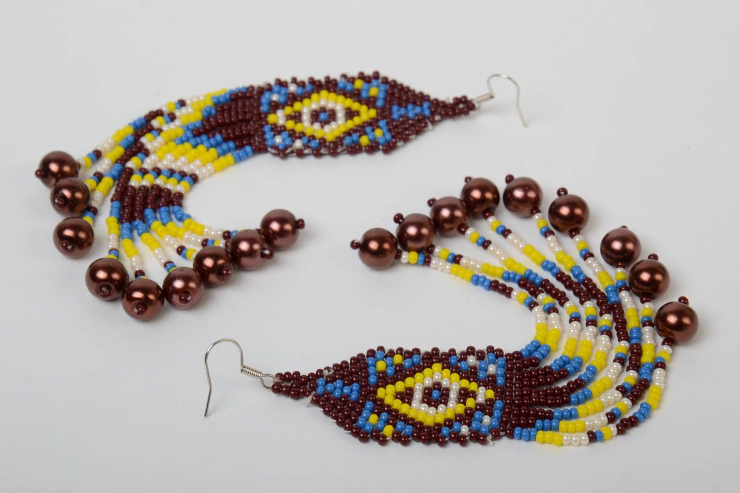 Beautiful handmade designer long earrings with beaded fringe and ethnic ornament photo 4