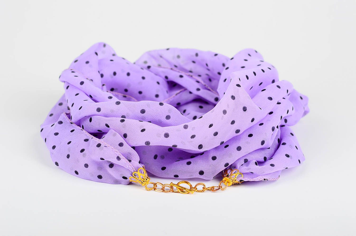 Шарф ручной работы женский шарф легкий шифоновый шарф сиреневый в горошек фото 1