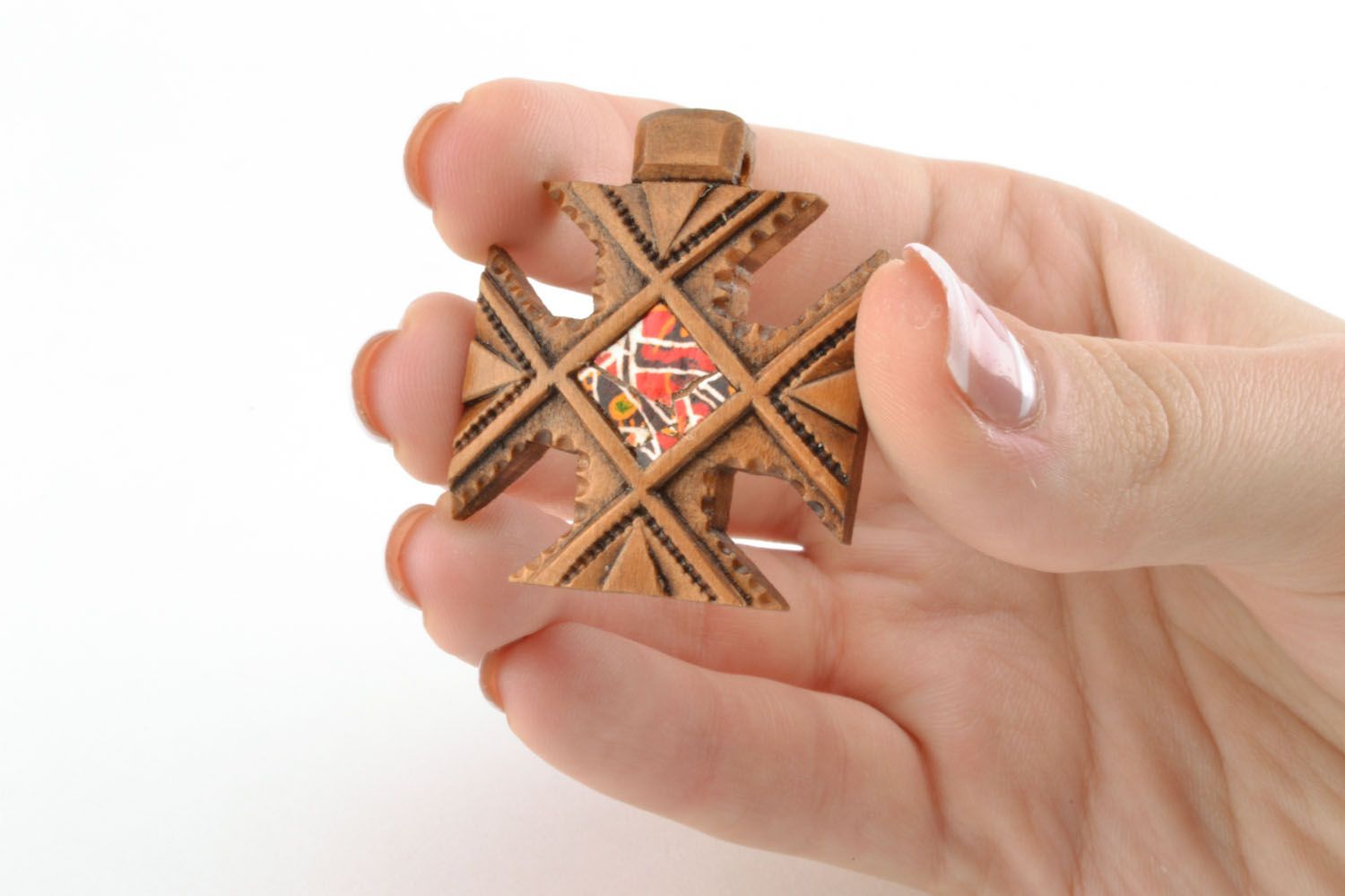 Carved cross pendant inlaid with egg shell photo 2