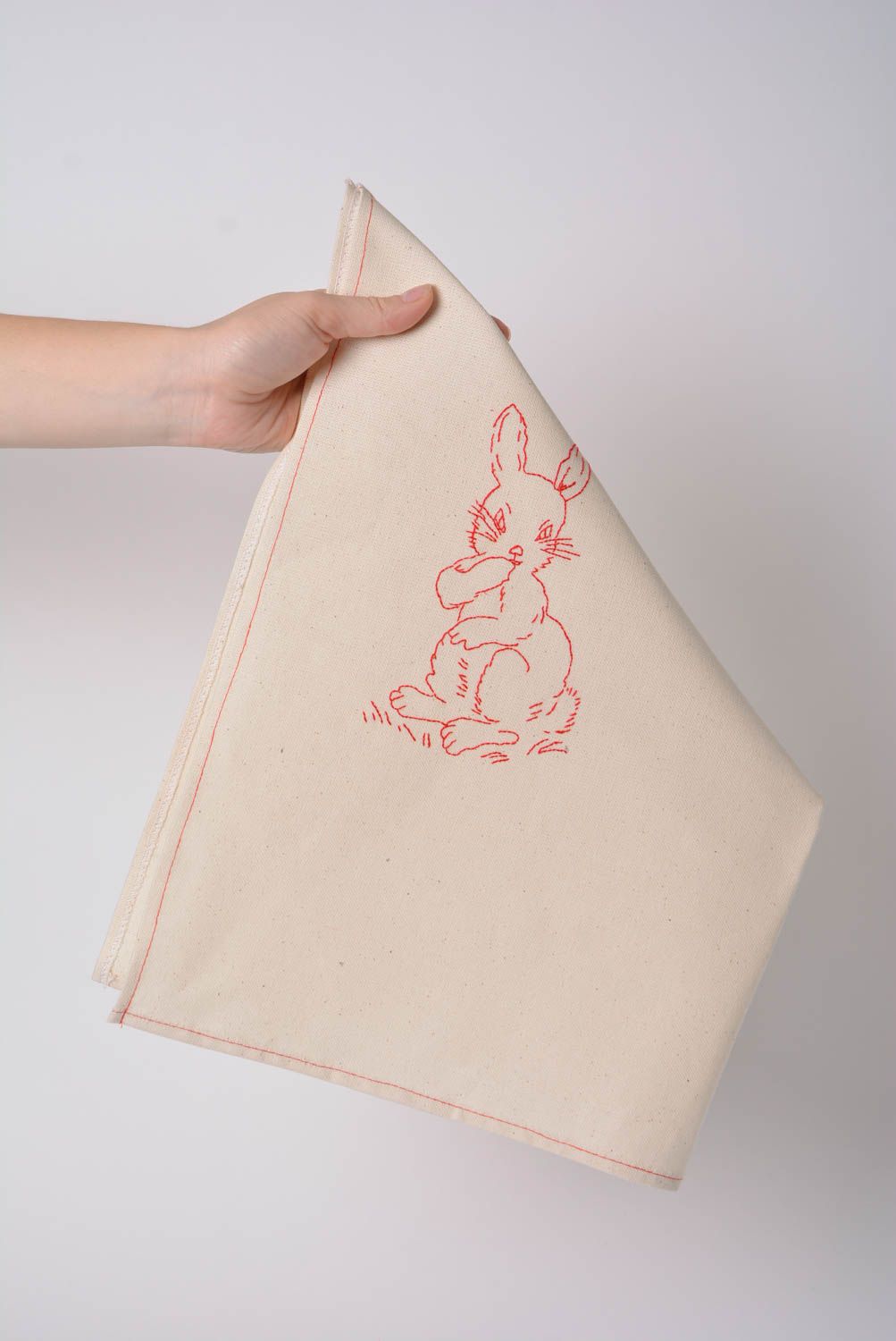 Handmade cute designer beige fabric kitchen dish towel with embroidered rabbit  photo 3