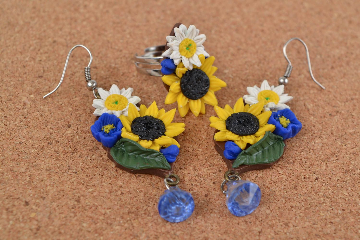 Handmade floral polymer clay jewelry set colorful earrings and ring Field Spirit photo 1