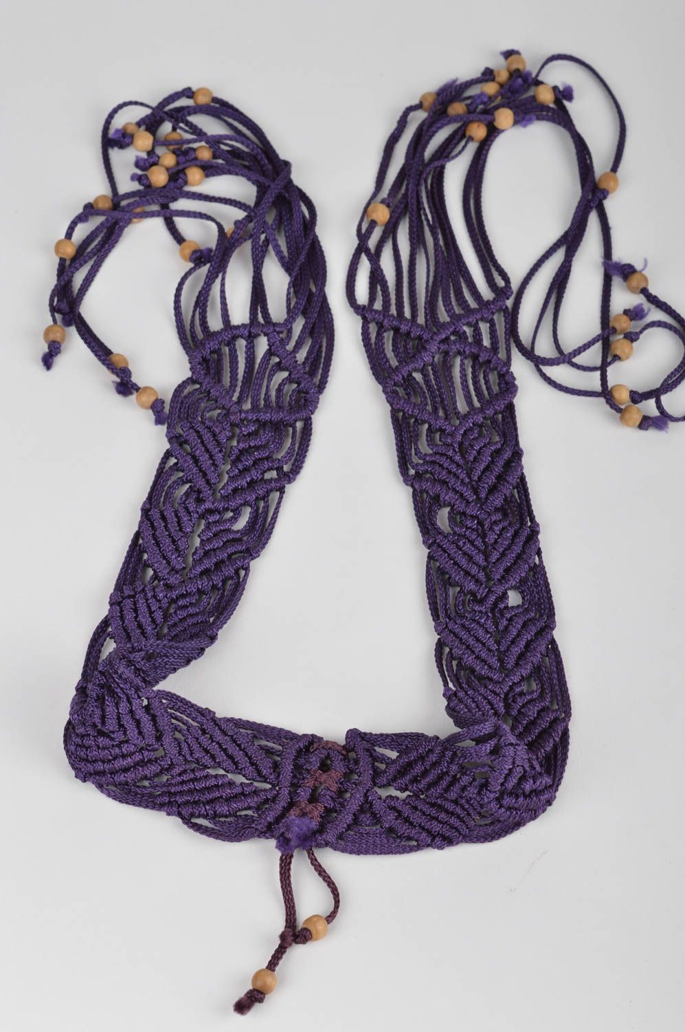 Beautiful homemade designer women's lilac woven cord belt with tassels and beads photo 2