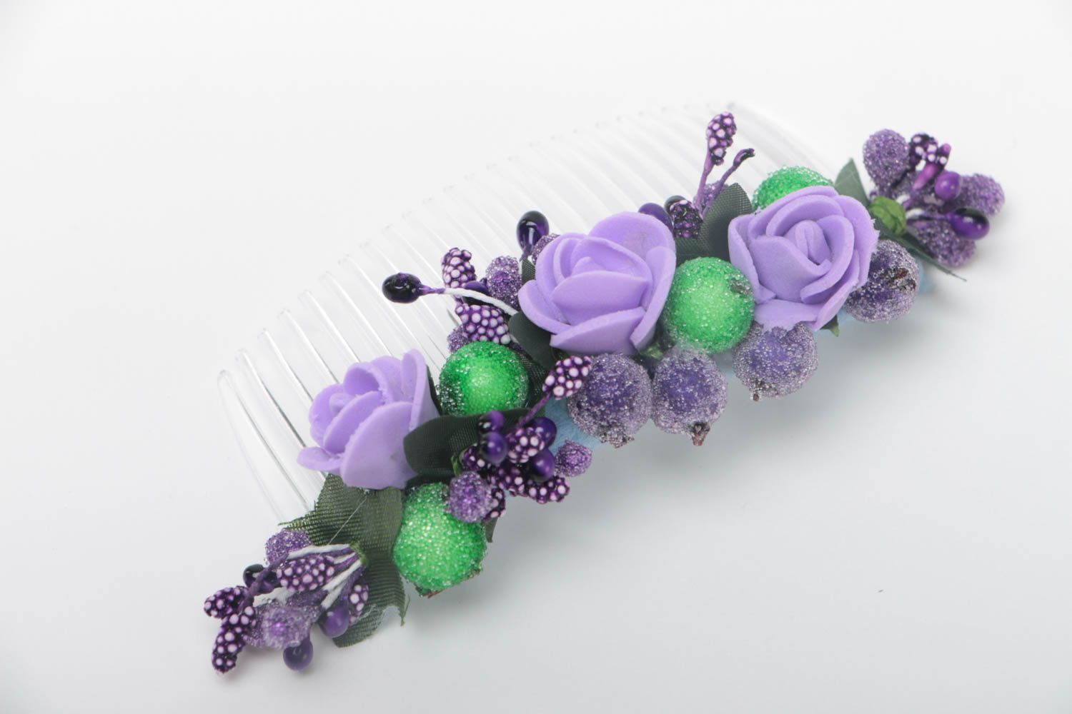 Handmade Haar Kamm Damen Accessoire Haarschmuck Blüten aus Foamiran lila foto 2