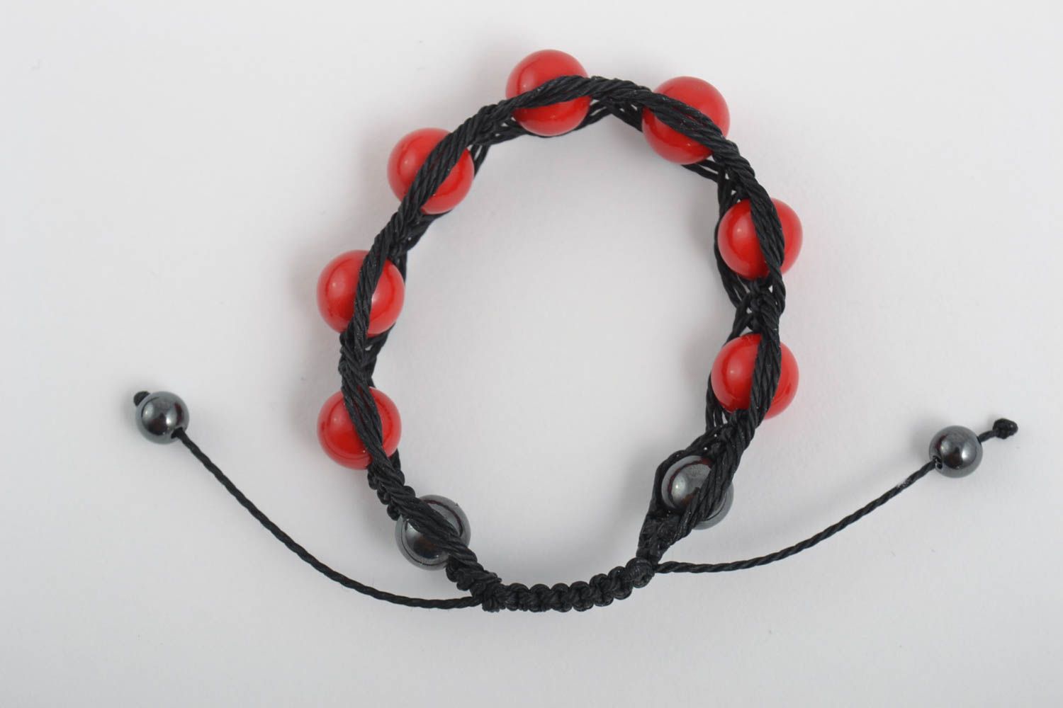 Strand large red beads handmade Shambala bracelet in black cord for women photo 2