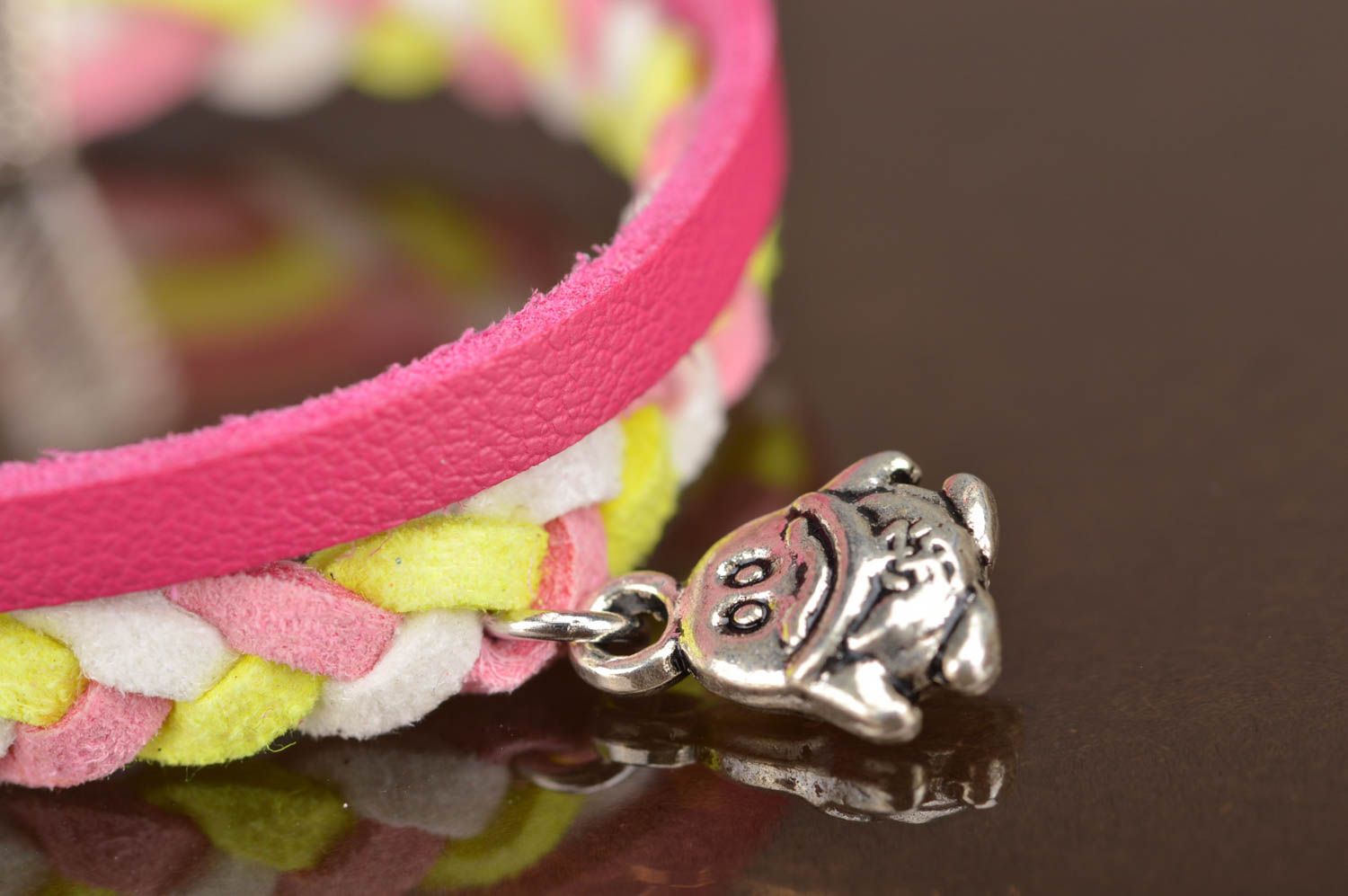 Handmade bright leather and suede cord wrist bracelet with metal charm pink photo 3