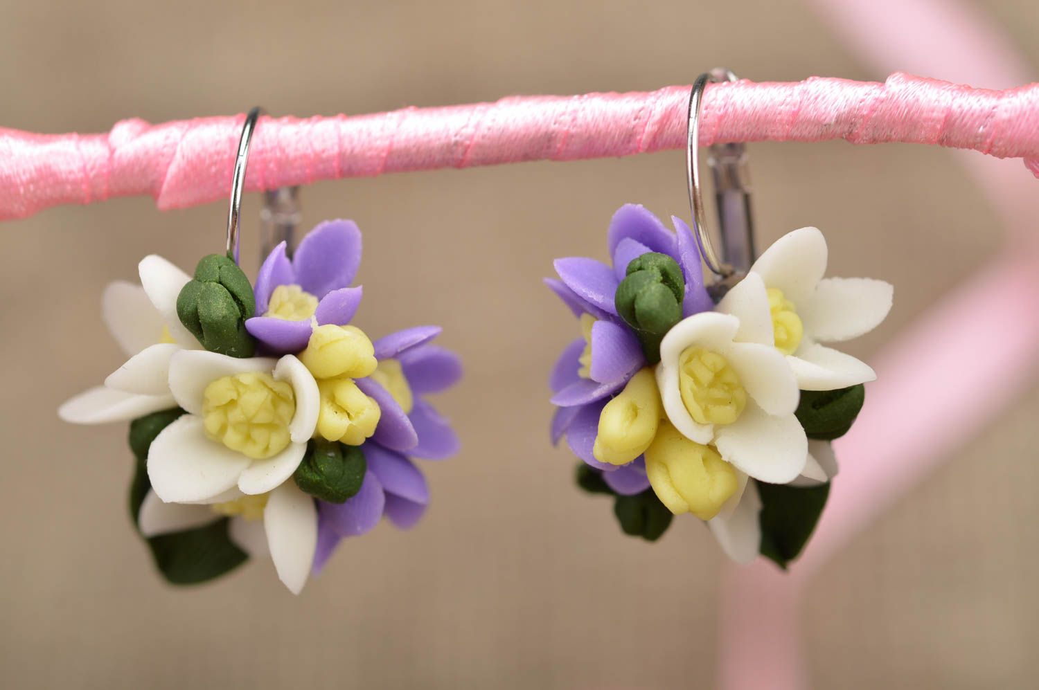 Handmade unusual designer beautiful cute flower earrings made of polymer clay photo 1