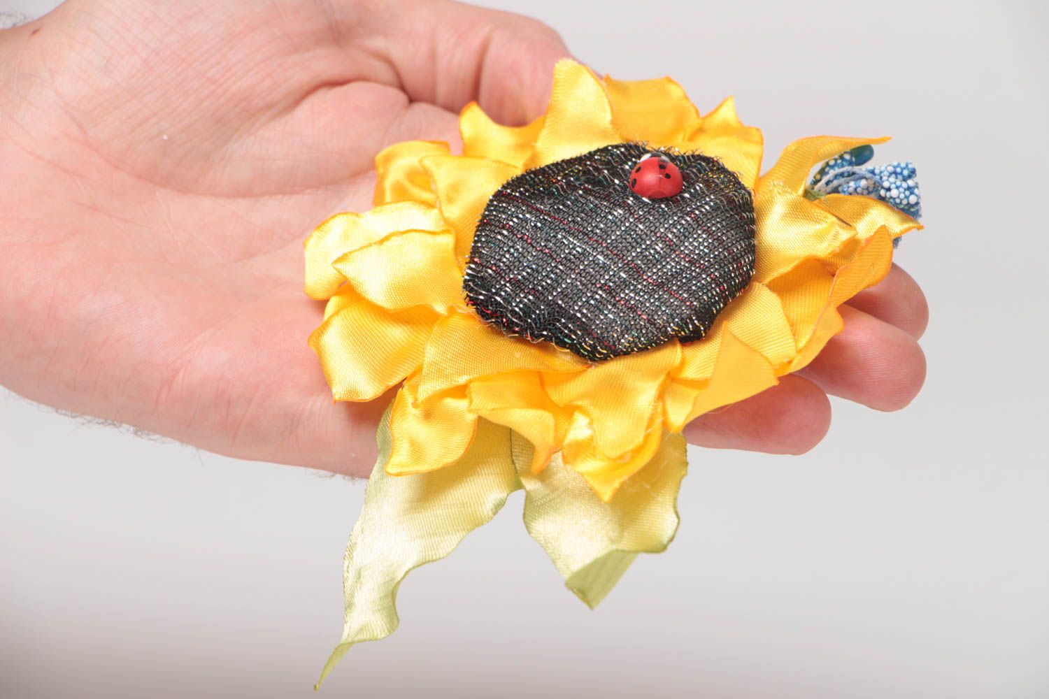 Beautiful handmade designer satin fabric hair clip with yellow sunflower photo 5
