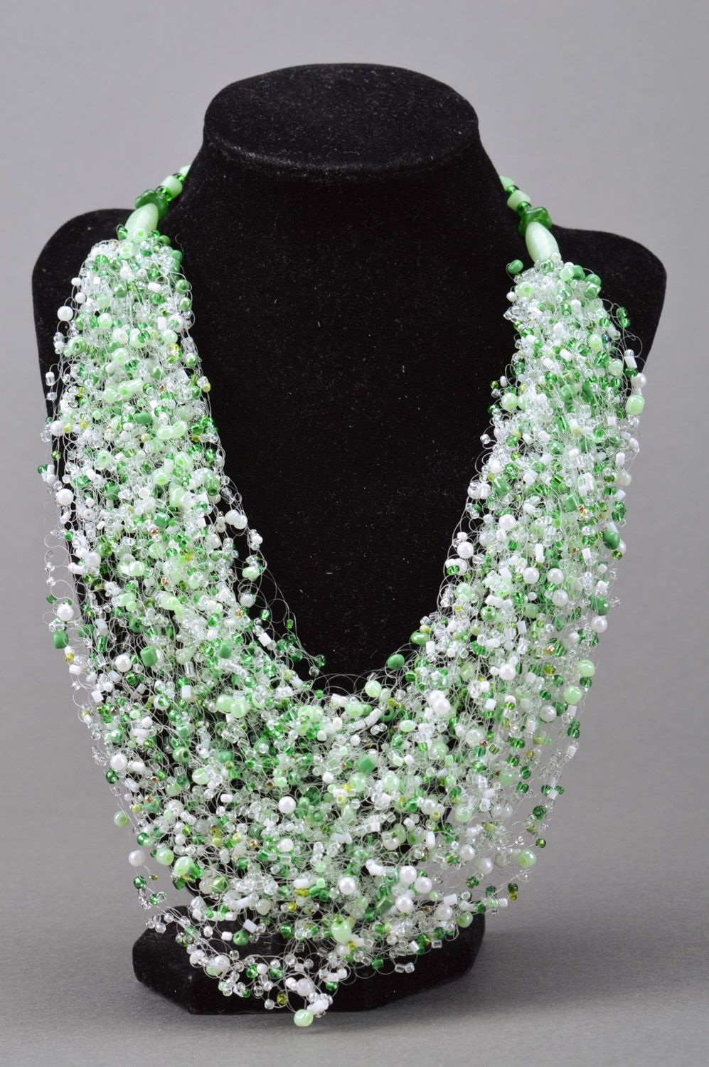 Handmade airy multi row beaded necklace in white and green colors for women photo 1