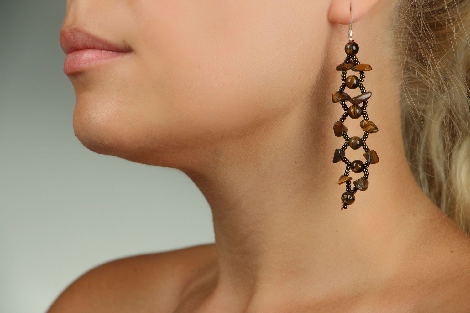 Pendent earrings made of Czech beads with tiger's eye stone photo 5