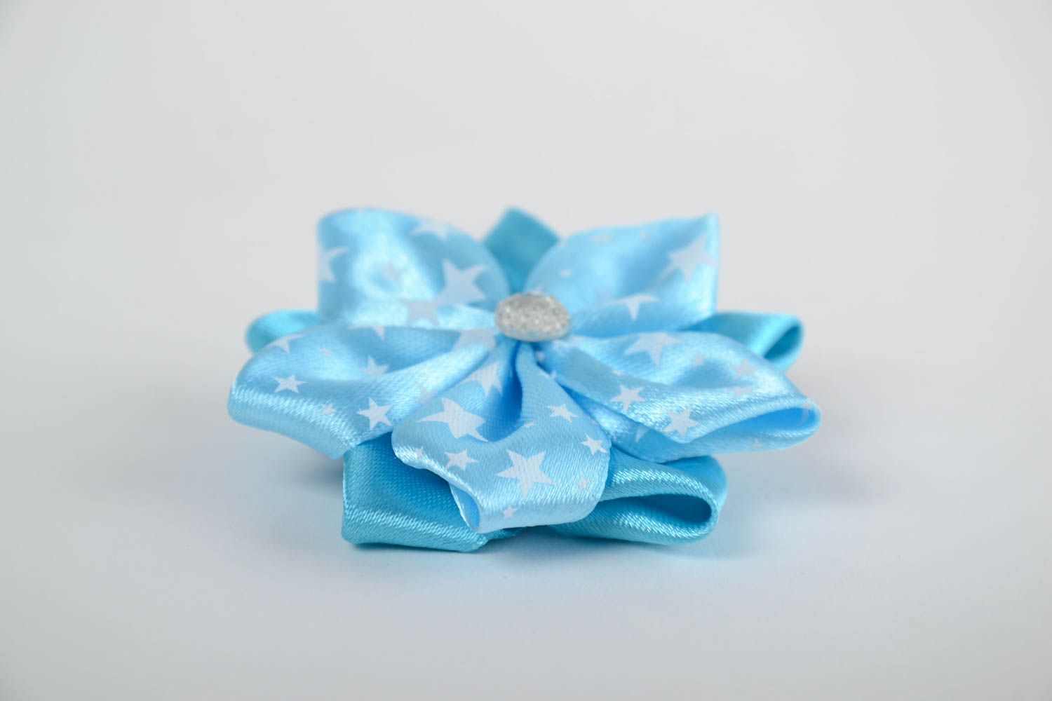 Handmade blue puffy hair clip with a flower of satin ribbons  for kids photo 4