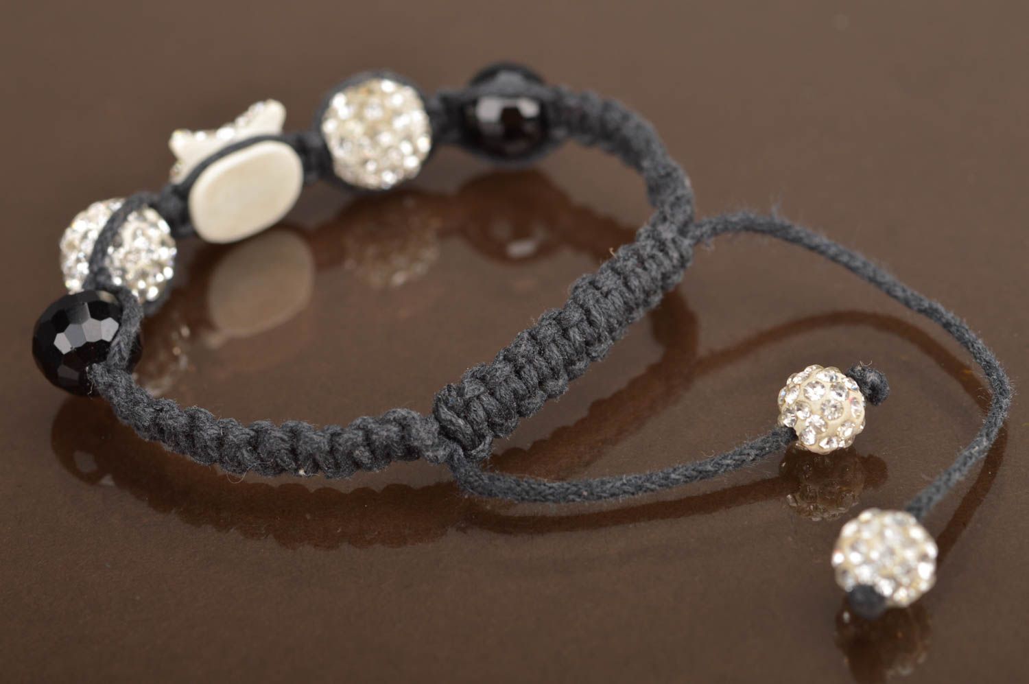 Bracelet fait main noir tressé en lacets avec perles et strass Chouette photo 5