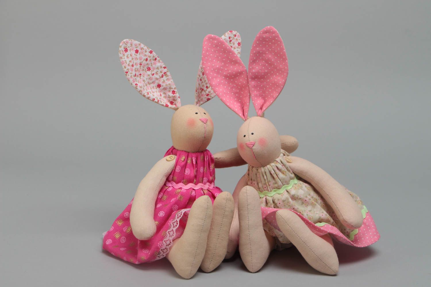 Set of 2 handmade designer cotton fabric soft toys rabbit girls in pink dresses photo 2