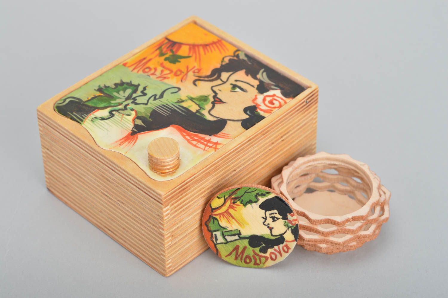 Handmade set of 2 different jewelry boxes made of plywood with designer painting photo 5