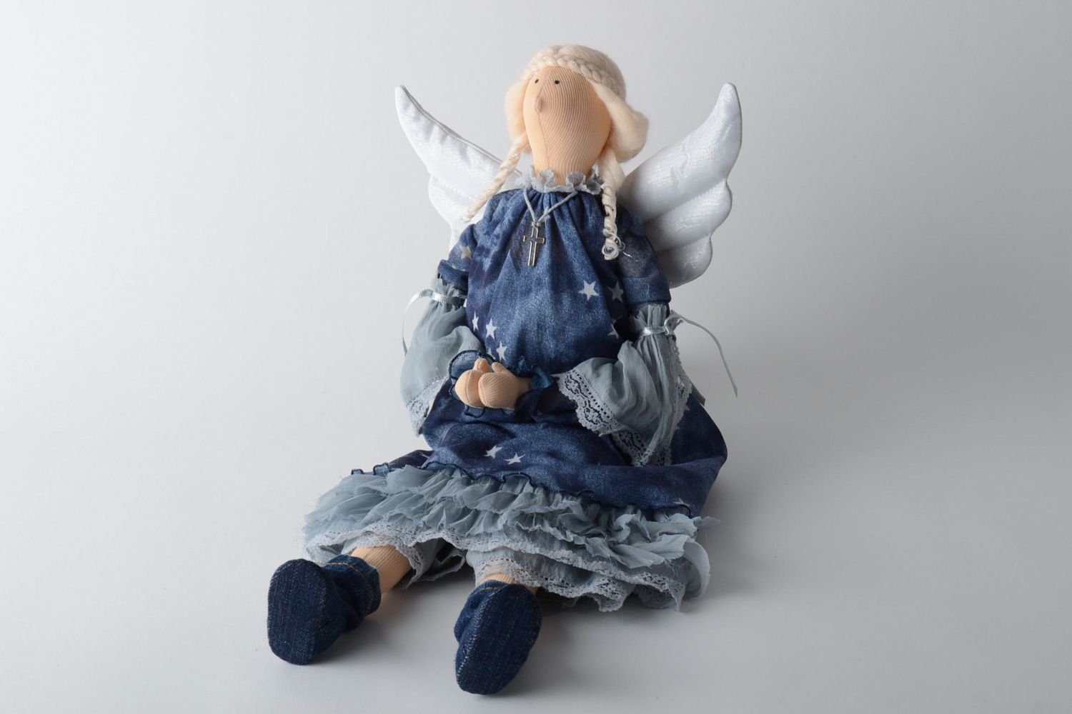 Handmade interior soft doll Angel sewn of fabrics with metal frame and woolen hair photo 1