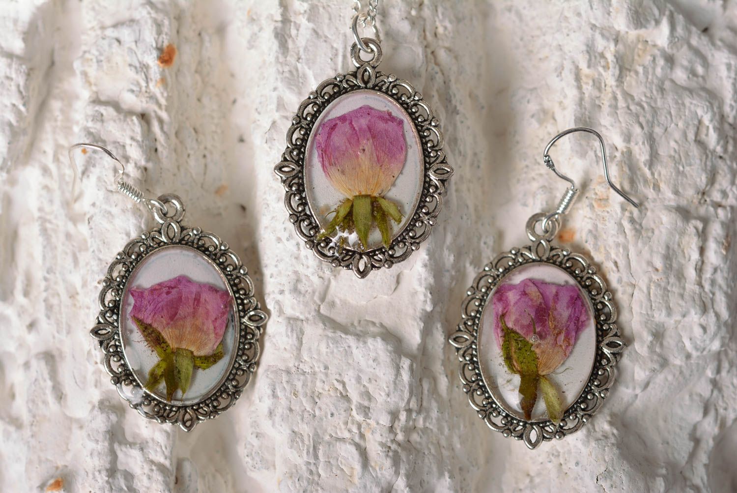 Handmade pendant bijouterie with epoxy resin earings with rose designer gift photo 1