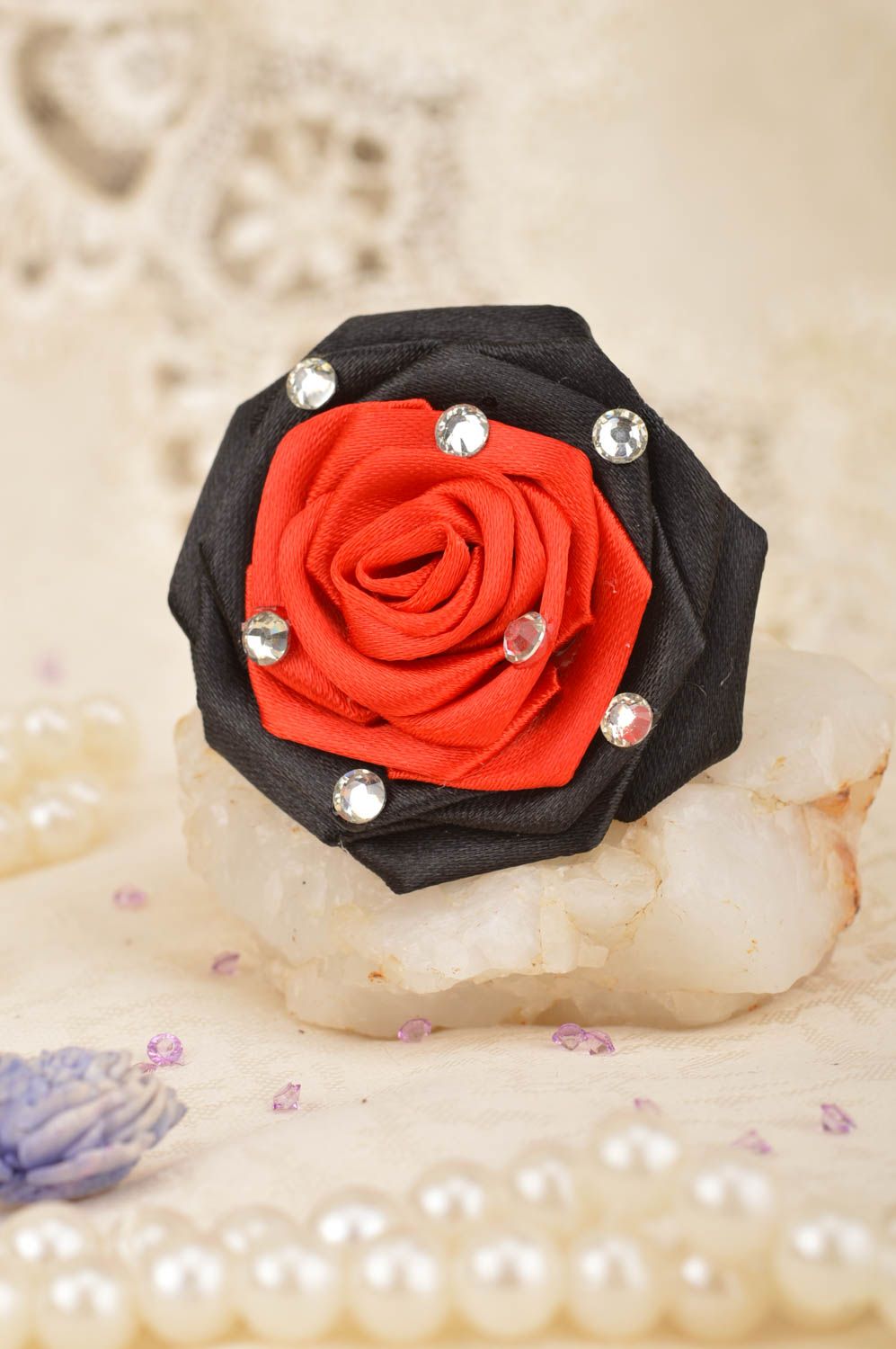 Children's scrunchy with red and black flower with rhinestones hand made photo 1