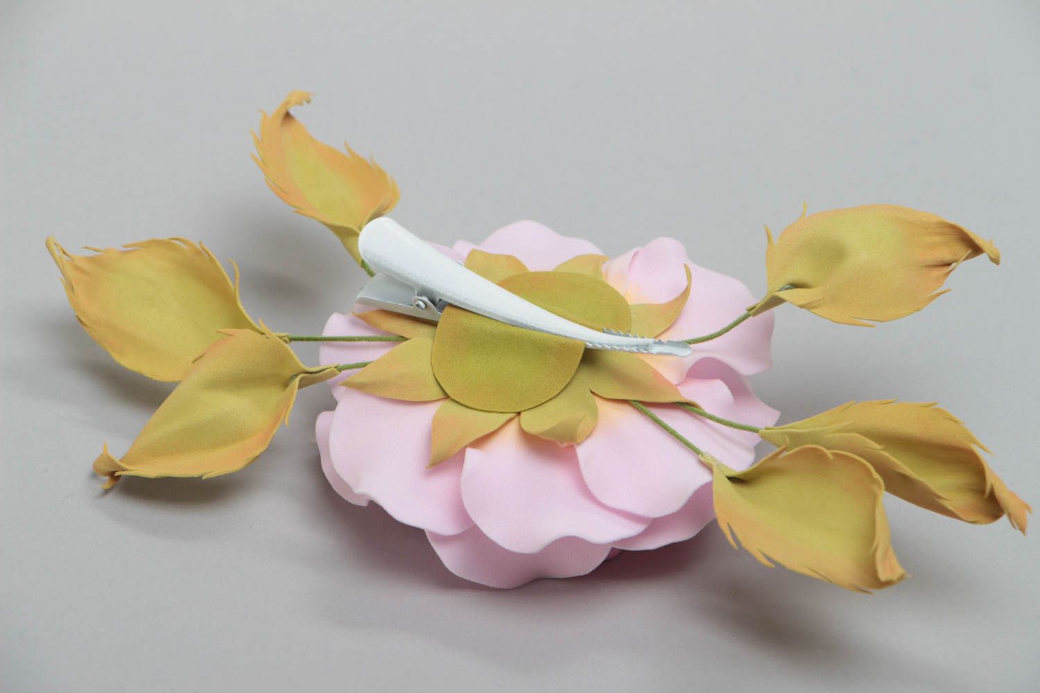 Handmade decorative hair clip with volume foamiran flower of pink color photo 4
