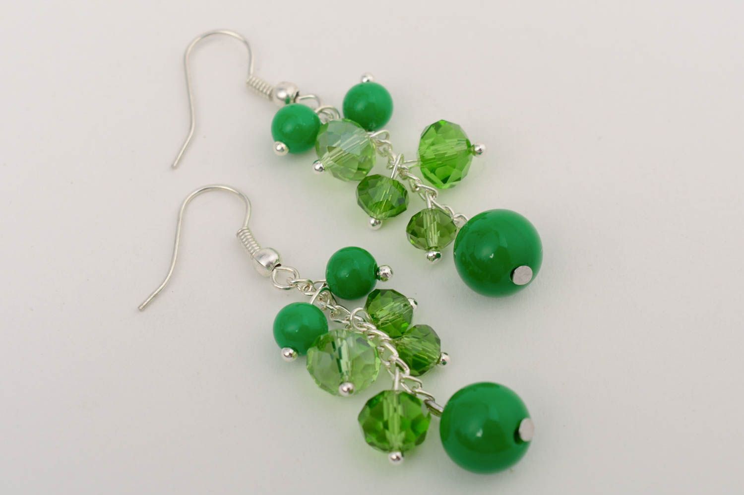 Handmade designer long dangle earrings with green plastic and crystal beads photo 4