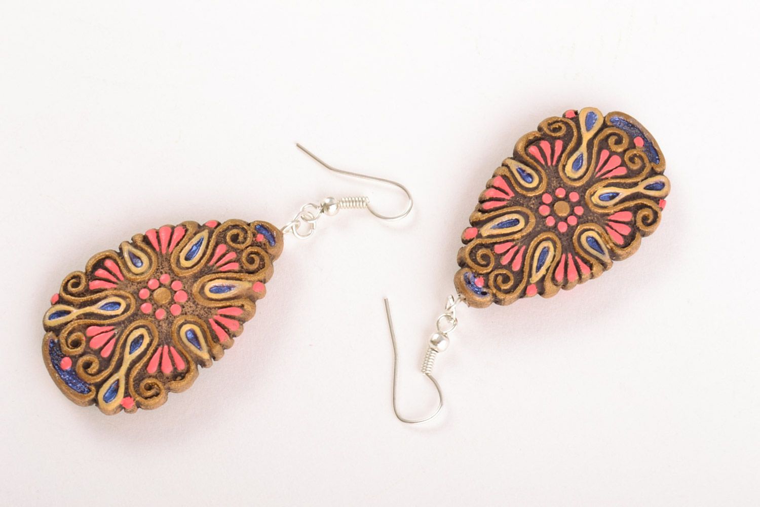 Handmade clay drop earrings painted with acrylics for women photo 5