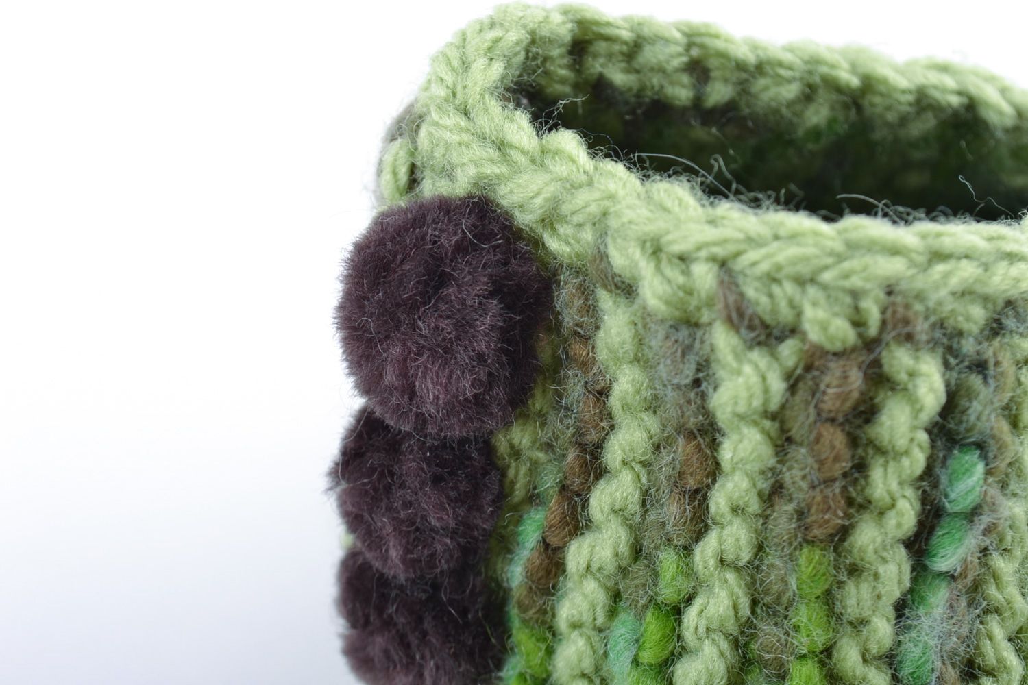 Light green warm hand knitted wool house slippers for adults and children photo 3